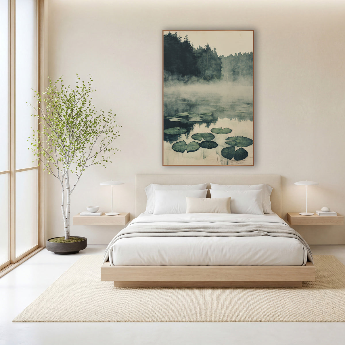 Pine Shore Lily Pads Japandi wall art in a calm Japandi-style room – misty pond with floating green lily pads, dark