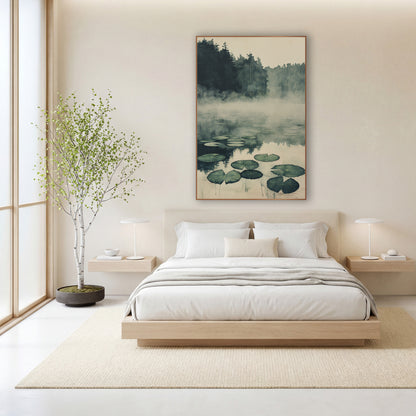 Pine Shore Lily Pads Japandi wall art in a calm Japandi-style room – misty pond with floating green lily pads, dark