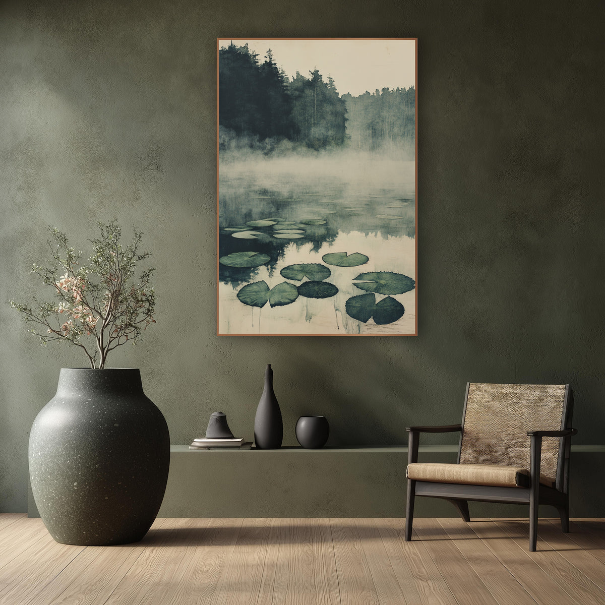 Pine Shore Lily Pads Japandi wall art in a calm Japandi-style room – misty pond with floating green lily pads, dark