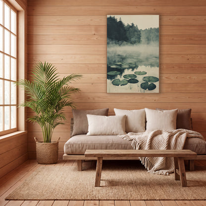 Pine Shore Lily Pads Japandi wall art in a calm Japandi-style room – misty pond with floating green lily pads, dark