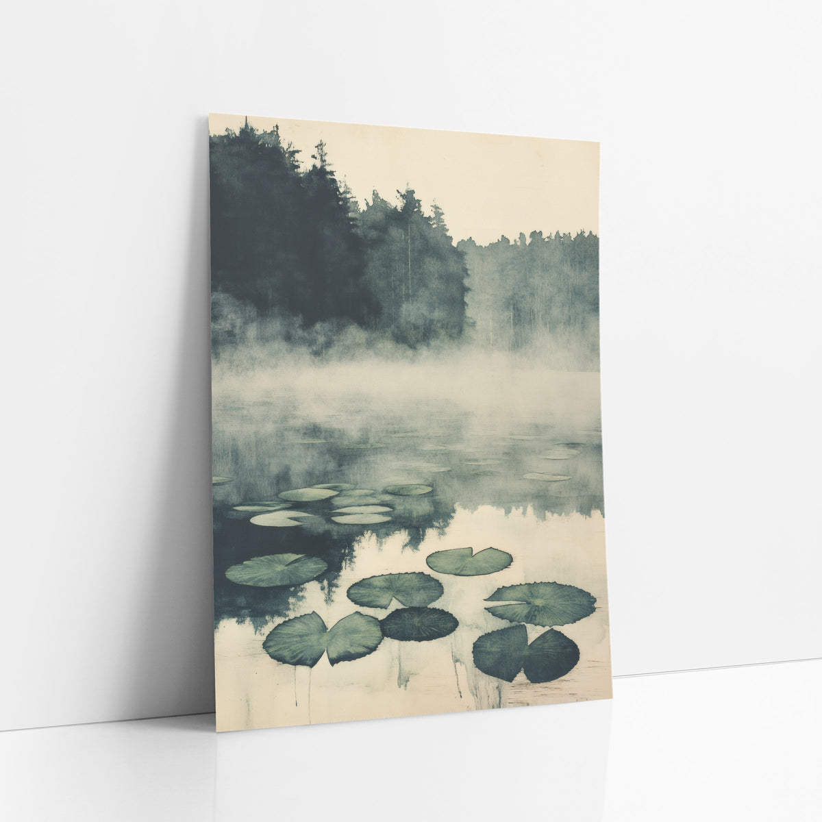 Pine Shore Lily Pads Japandi art print leaning against a white wall – misty pond with floating green lily pads, dark