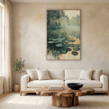 Amber Reed Pond Lily Cluster Watercolor wall art in a calm Japandi-style room – sage green lily pads floating