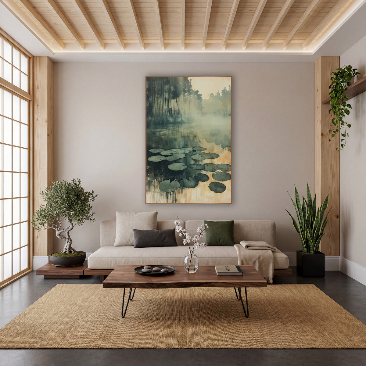 Amber Reed Pond Lily Cluster Watercolor wall art in a calm Japandi-style room – sage green lily pads floating