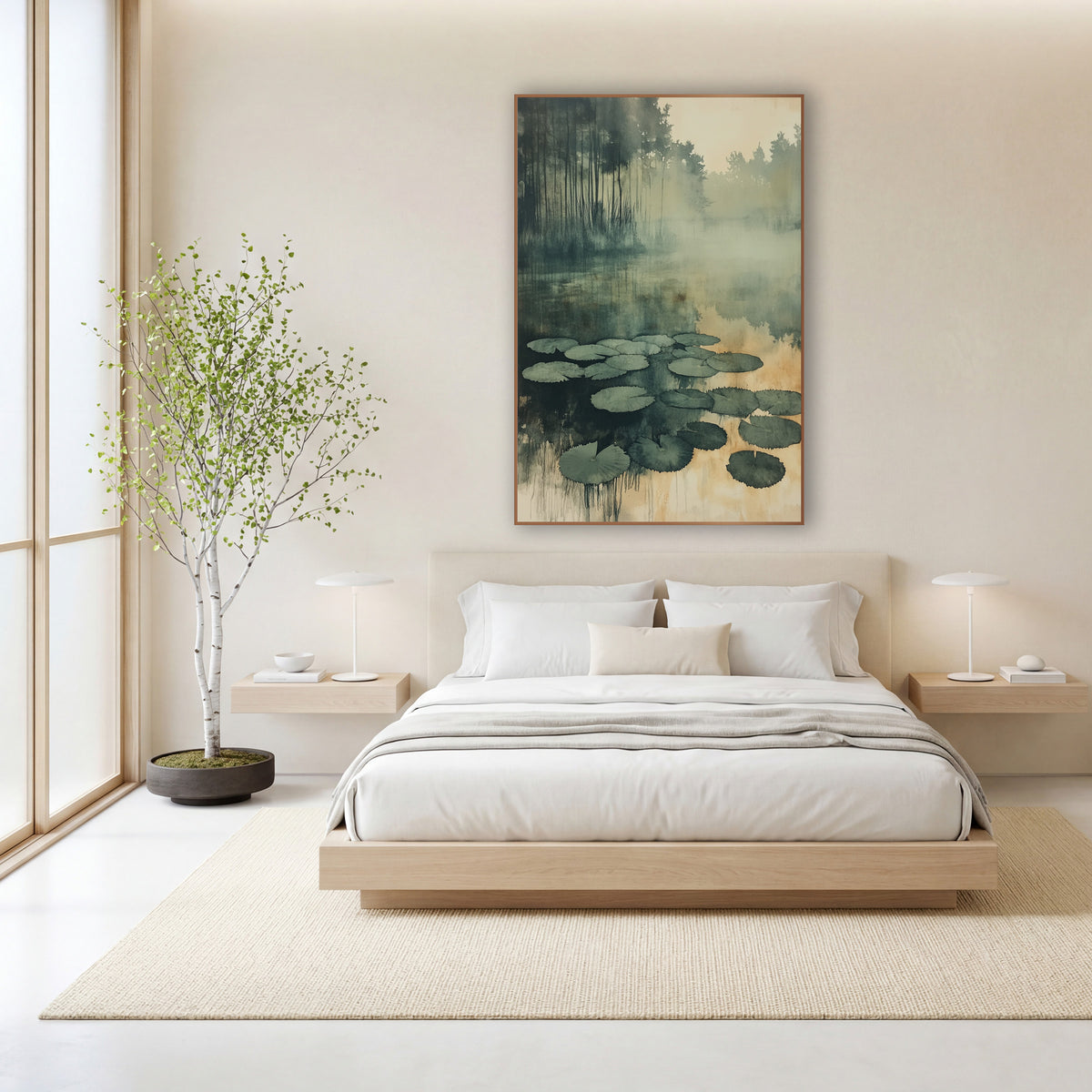 Amber Reed Pond Lily Cluster Watercolor wall art in a calm Japandi-style room – sage green lily pads floating