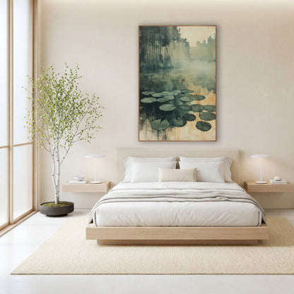 Amber Reed Pond Lily Cluster Watercolor wall art in a calm Japandi-style room – sage green lily pads floating