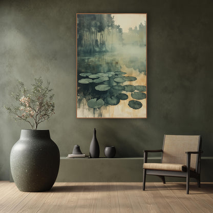 Amber Reed Pond Lily Cluster Watercolor wall art in a calm Japandi-style room – sage green lily pads floating