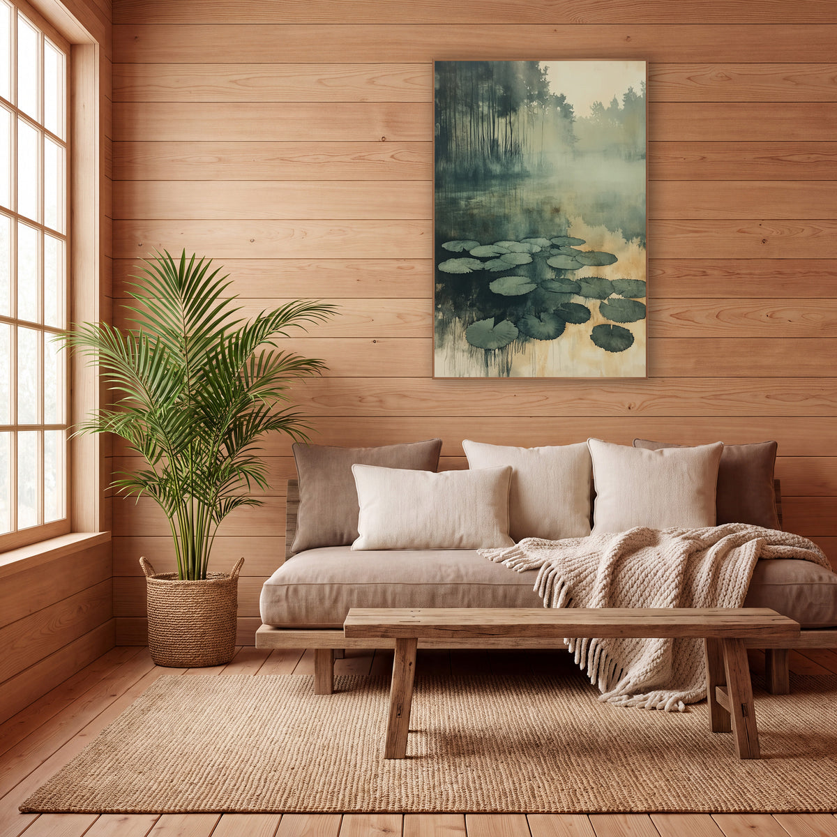 Amber Reed Pond Lily Cluster Watercolor wall art in a calm Japandi-style room – sage green lily pads floating