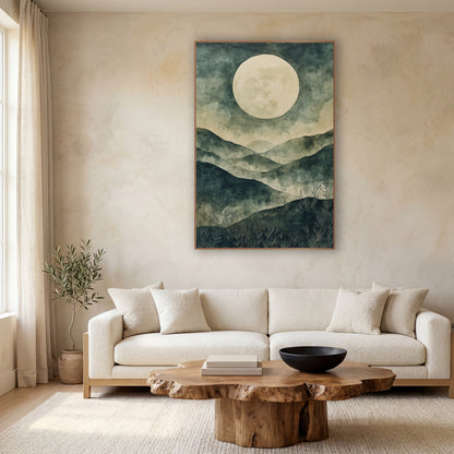 Pale Moon Misty Hills Japandi wall art in a calm Japandi-style room – large cream moon above layered teal and sage