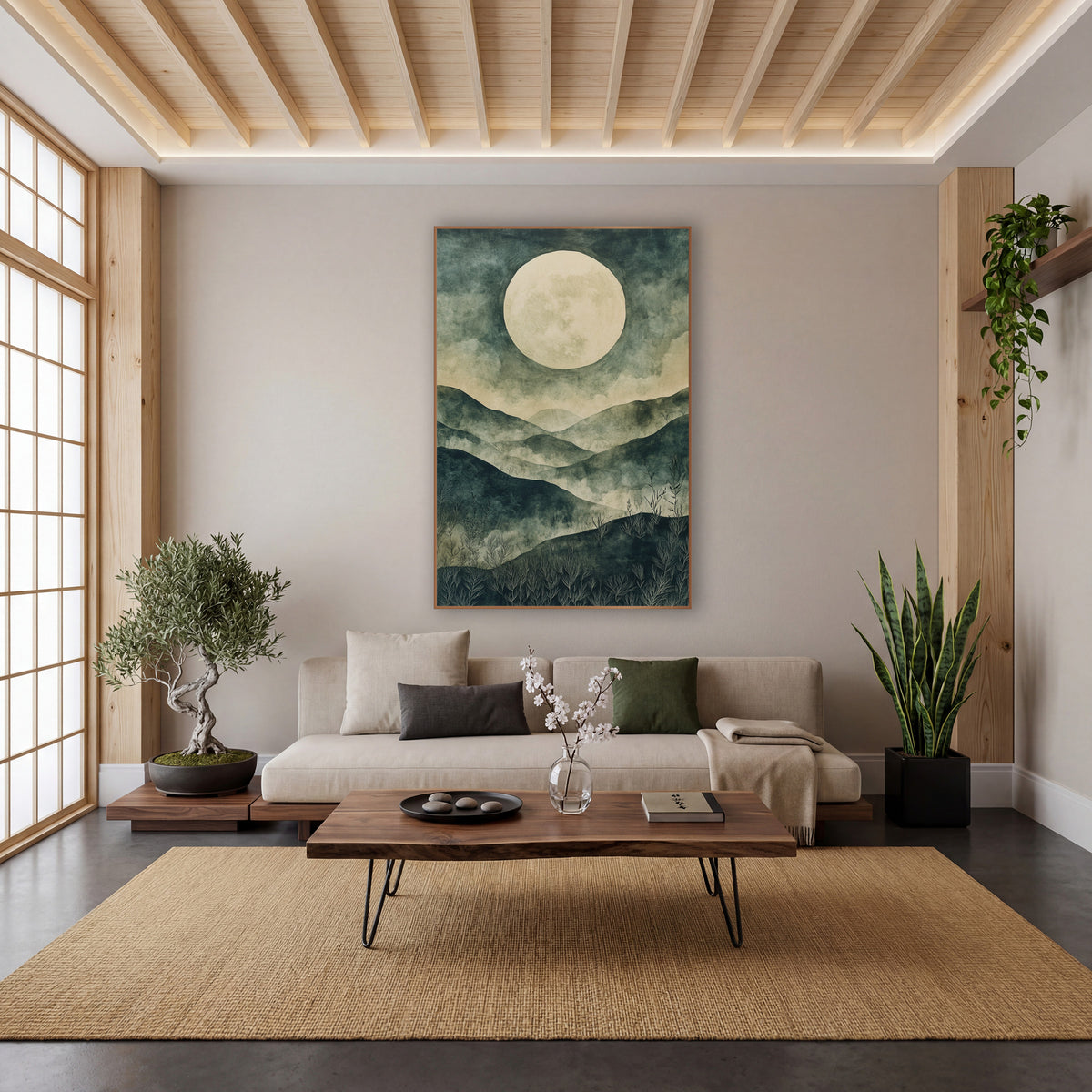 Pale Moon Misty Hills Japandi wall art in a calm Japandi-style room – large cream moon above layered teal and sage