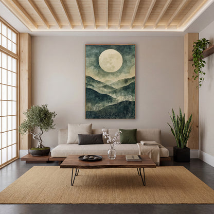 Pale Moon Misty Hills Japandi wall art in a calm Japandi-style room – large cream moon above layered teal and sage