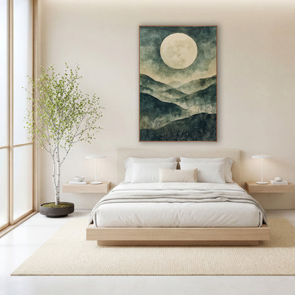 Pale Moon Misty Hills Japandi wall art in a calm Japandi-style room – large cream moon above layered teal and sage