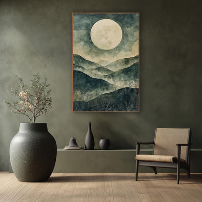 Pale Moon Misty Hills Japandi wall art in a calm Japandi-style room – large cream moon above layered teal and sage