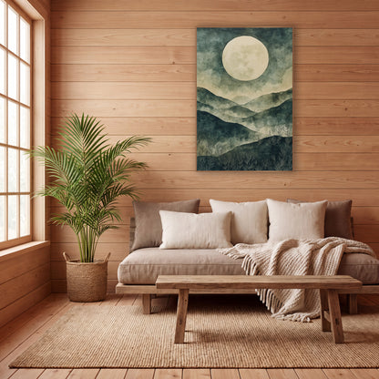 Pale Moon Misty Hills Japandi wall art in a calm Japandi-style room – large cream moon above layered teal and sage