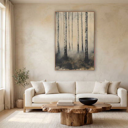 Misty Birch Trunks Japandi Landscape wall art in a calm Japandi-style room – tall white birch trunks in drifting gray
