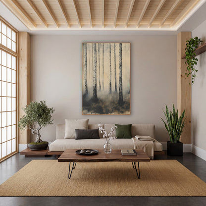 Misty Birch Trunks Japandi Landscape wall art in a calm Japandi-style room – tall white birch trunks in drifting gray