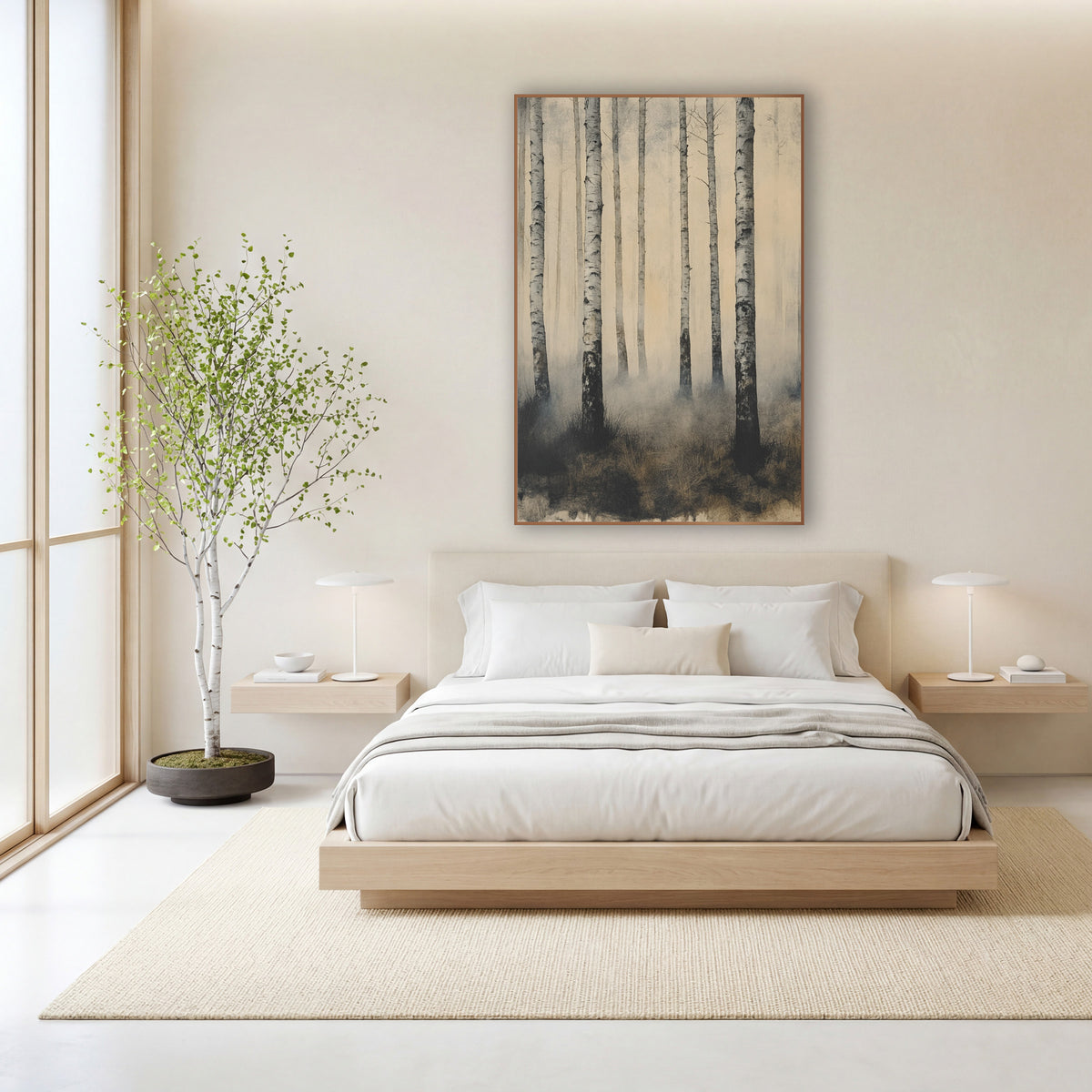 Misty Birch Trunks Japandi Landscape wall art in a calm Japandi-style room – tall white birch trunks in drifting gray