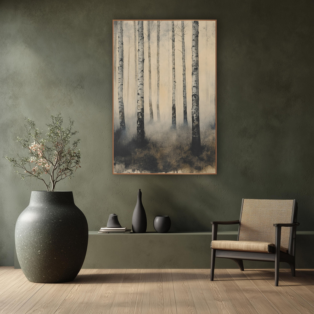 Misty Birch Trunks Japandi Landscape wall art in a calm Japandi-style room – tall white birch trunks in drifting gray