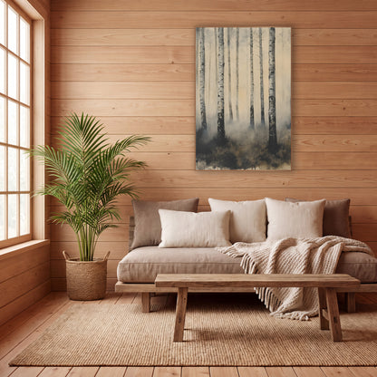 Misty Birch Trunks Japandi Landscape wall art in a calm Japandi-style room – tall white birch trunks in drifting gray