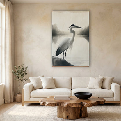Quiet Heron Lakeside Japandi wall art in a calm Japandi-style room – tall heron standing on a dark rock beside a misty