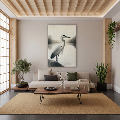 Quiet Heron Lakeside Japandi wall art in a calm Japandi-style room – tall heron standing on a dark rock beside a misty