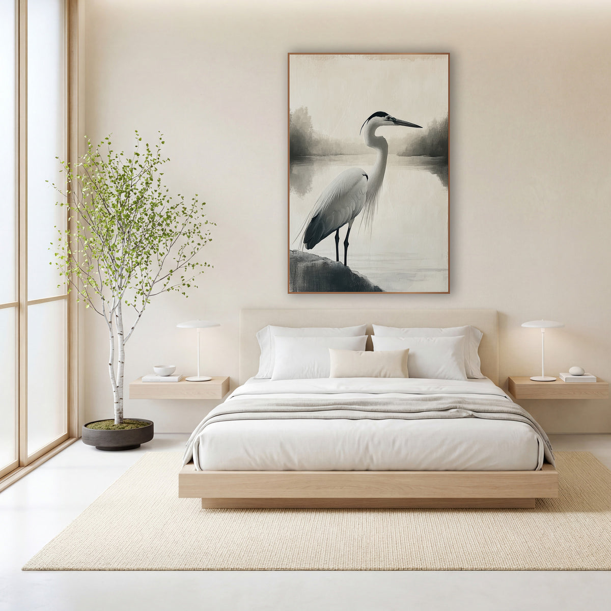 Quiet Heron Lakeside Japandi wall art in a calm Japandi-style room – tall heron standing on a dark rock beside a misty
