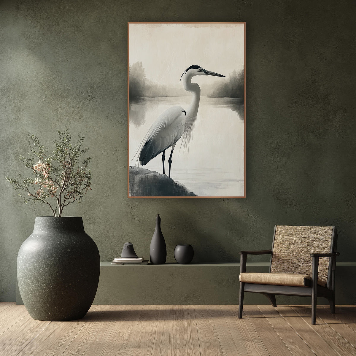Quiet Heron Lakeside Japandi wall art in a calm Japandi-style room – tall heron standing on a dark rock beside a misty
