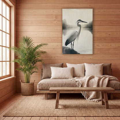 Quiet Heron Lakeside Japandi wall art in a calm Japandi-style room – tall heron standing on a dark rock beside a misty