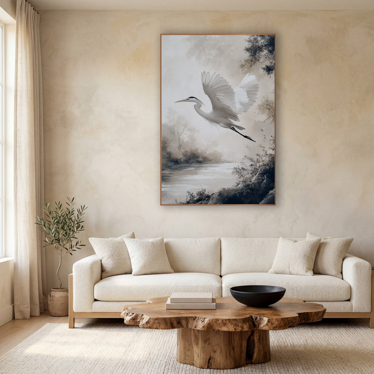White Heron Misty River Japandi wall art in a calm Japandi-style room – white heron with raised wings flying