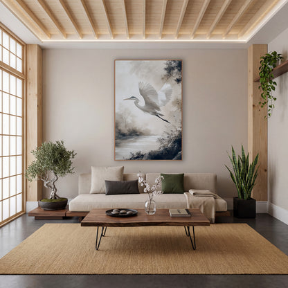 White Heron Misty River Japandi wall art in a calm Japandi-style room – white heron with raised wings flying