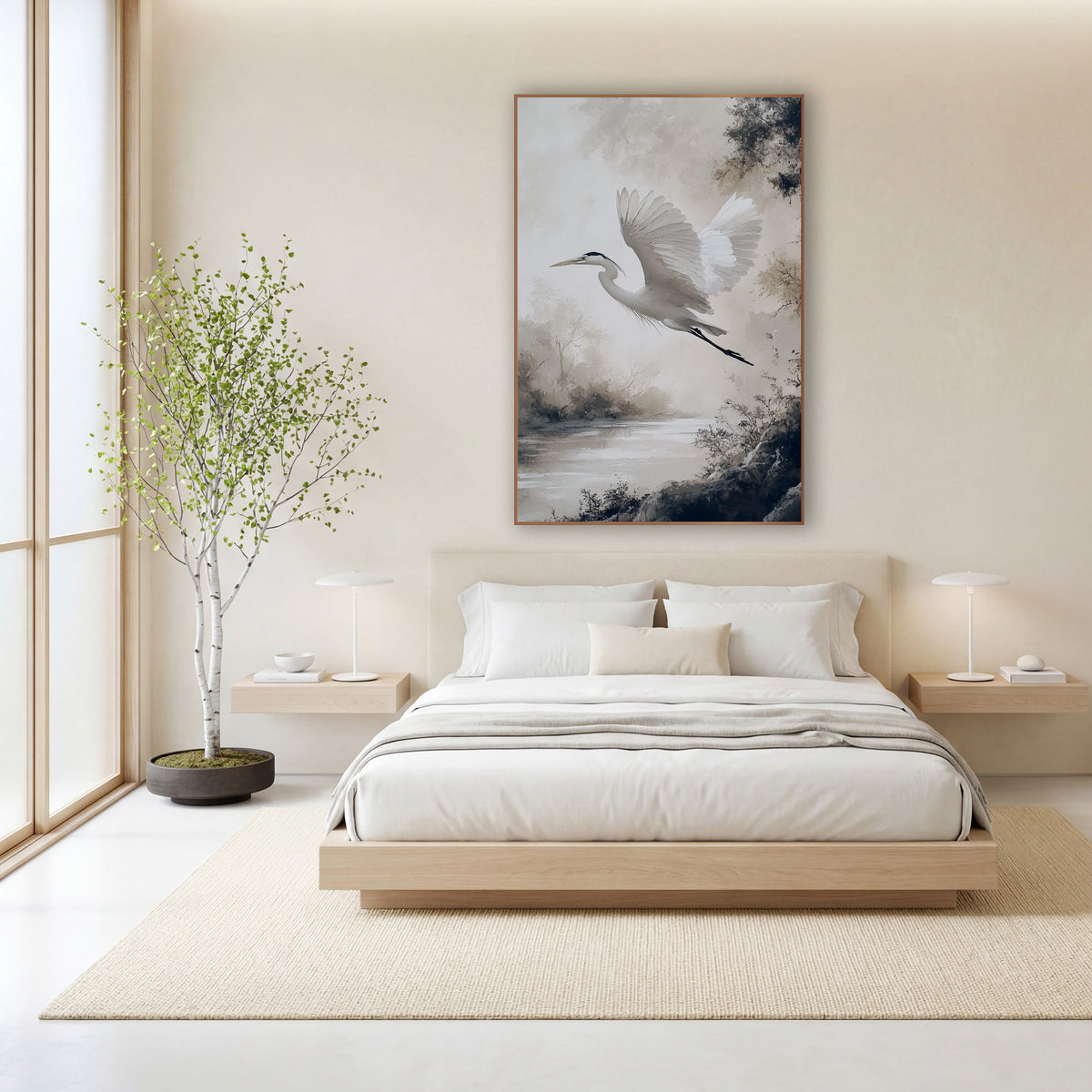 White Heron Misty River Japandi wall art in a calm Japandi-style room – white heron with raised wings flying