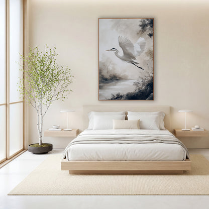 White Heron Misty River Japandi wall art in a calm Japandi-style room – white heron with raised wings flying