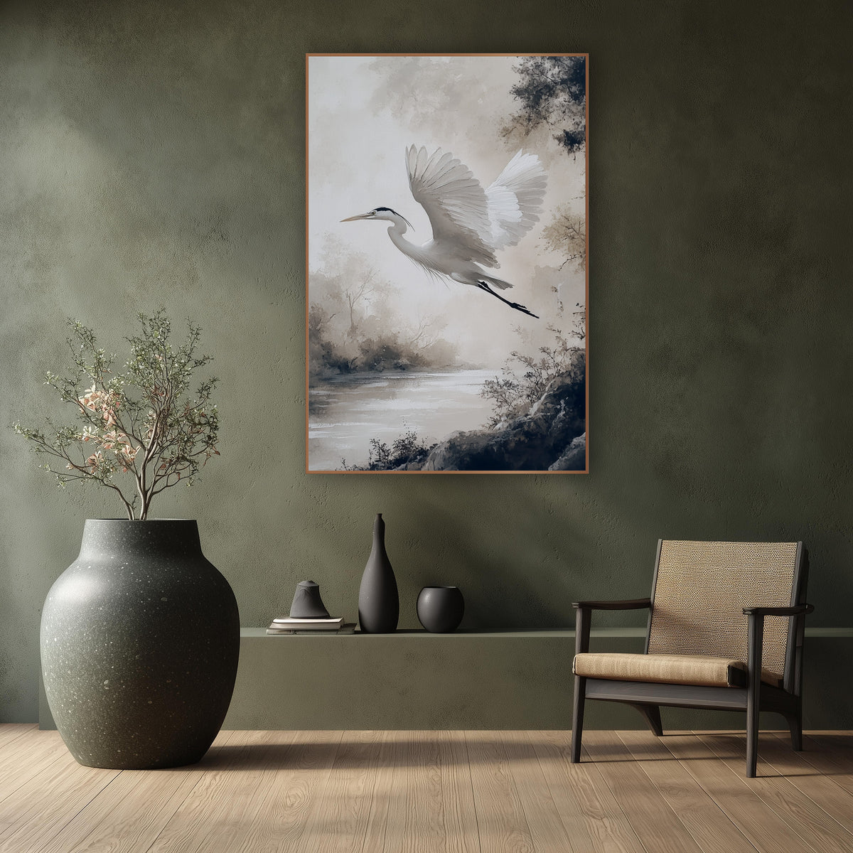 White Heron Misty River Japandi wall art in a calm Japandi-style room – white heron with raised wings flying