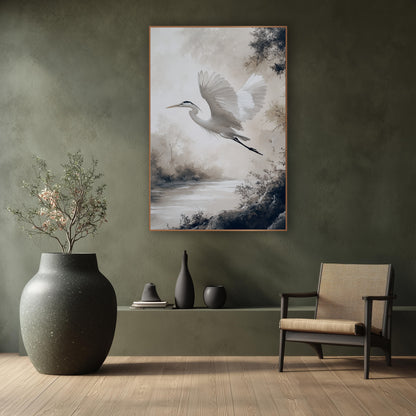 White Heron Misty River Japandi wall art in a calm Japandi-style room – white heron with raised wings flying