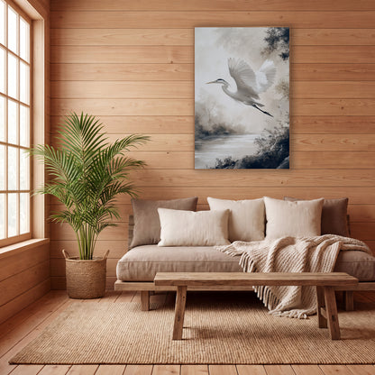 White Heron Misty River Japandi wall art in a calm Japandi-style room – white heron with raised wings flying