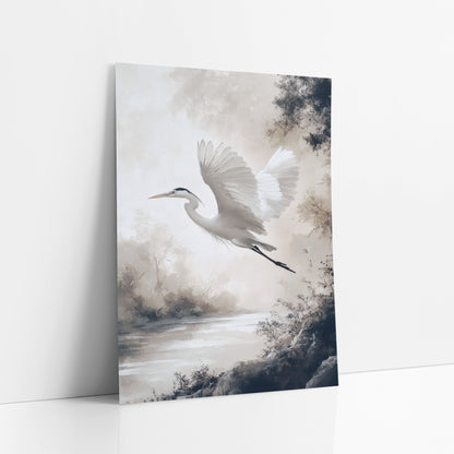 White Heron Misty River Japandi art print leaning against a white wall – white heron with raised wings flying over a misty