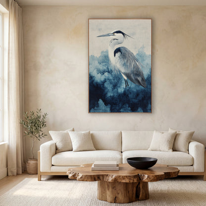 Heron Indigo Cloudbank Watercolor Japandi wall art in a calm Japandi-style room – heron in profile with black head