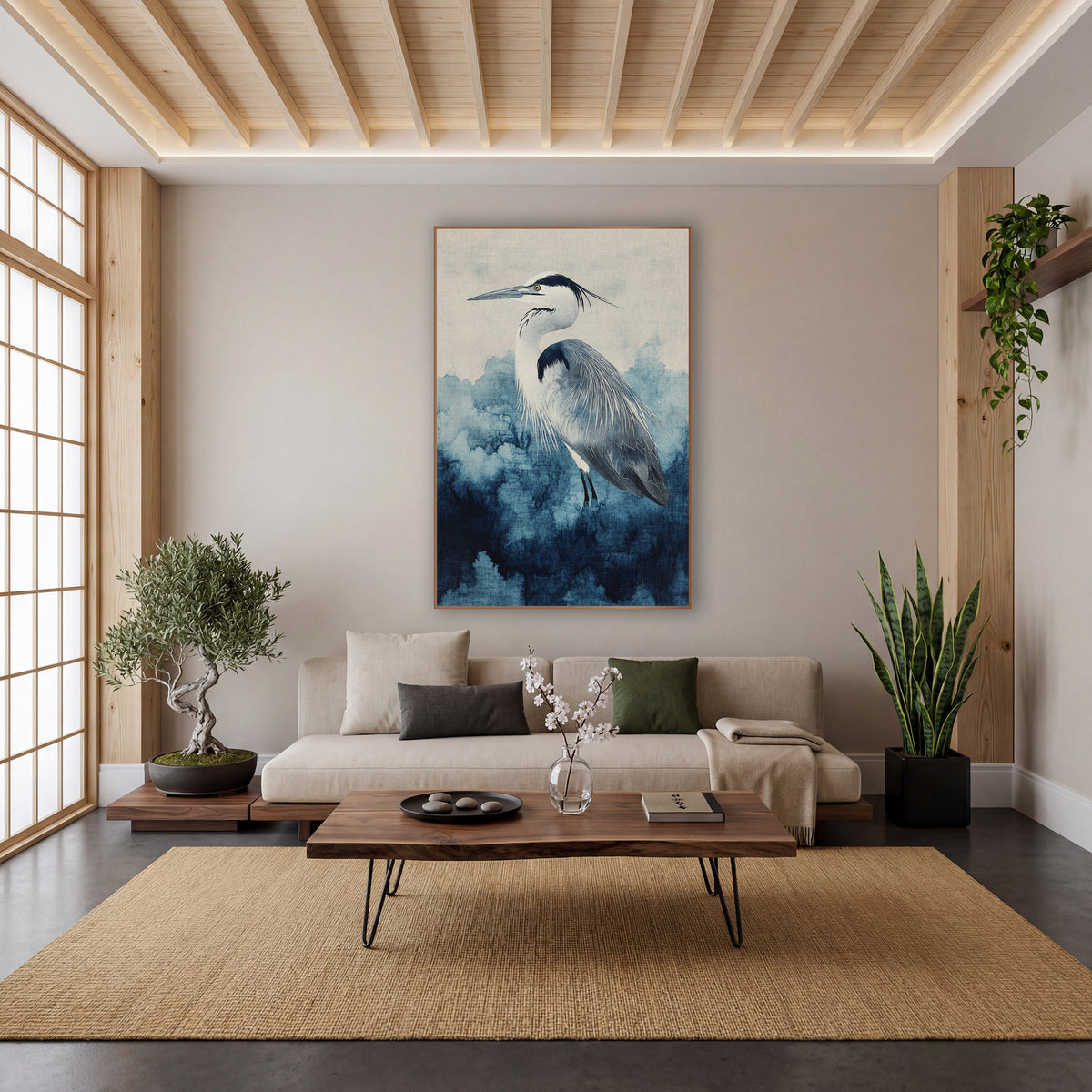 Heron Indigo Cloudbank Watercolor Japandi wall art in a calm Japandi-style room – heron in profile with black head