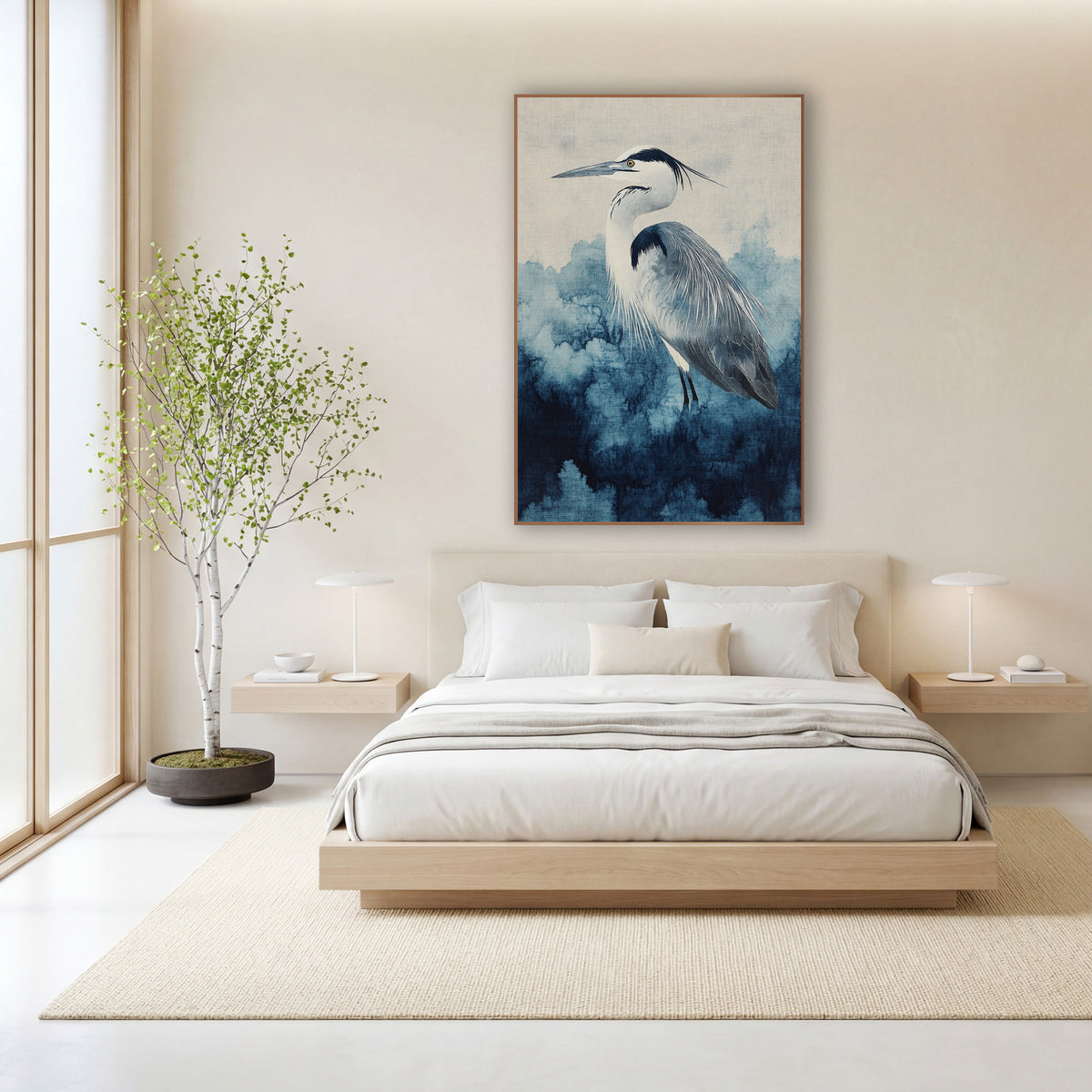 Heron Indigo Cloudbank Watercolor Japandi wall art in a calm Japandi-style room – heron in profile with black head
