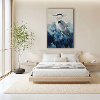 Heron Indigo Cloudbank Watercolor Japandi wall art in a calm Japandi-style room – heron in profile with black head