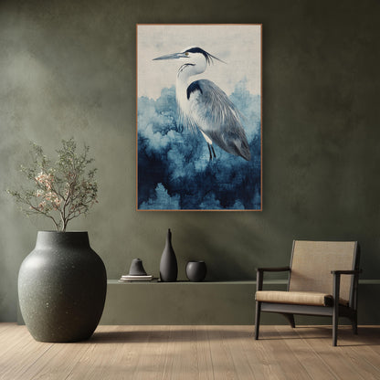 Heron Indigo Cloudbank Watercolor Japandi wall art in a calm Japandi-style room – heron in profile with black head