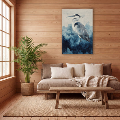 Heron Indigo Cloudbank Watercolor Japandi wall art in a calm Japandi-style room – heron in profile with black head