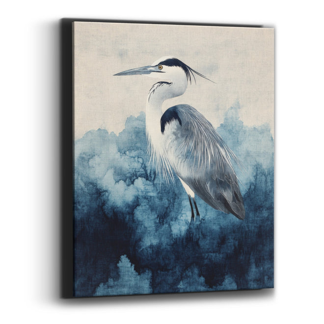 Heron Indigo Cloudbank Watercolor Japandi Canvas Wall Art