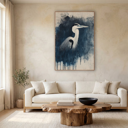 Heron Dripping Ink Splatter Japandi wall art in a calm Japandi-style room – heron in profile with long beak and dark