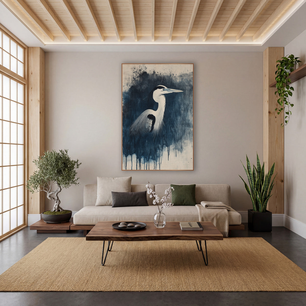 Heron Dripping Ink Splatter Japandi wall art in a calm Japandi-style room – heron in profile with long beak and dark