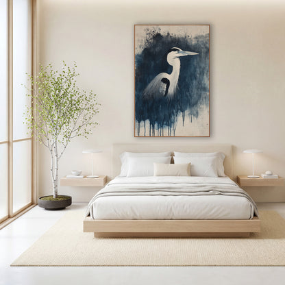 Heron Dripping Ink Splatter Japandi wall art in a calm Japandi-style room – heron in profile with long beak and dark