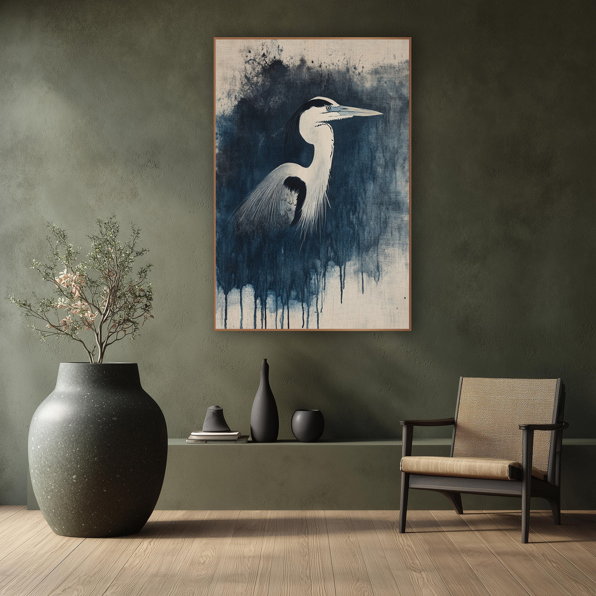 Heron Dripping Ink Splatter Japandi wall art in a calm Japandi-style room – heron in profile with long beak and dark