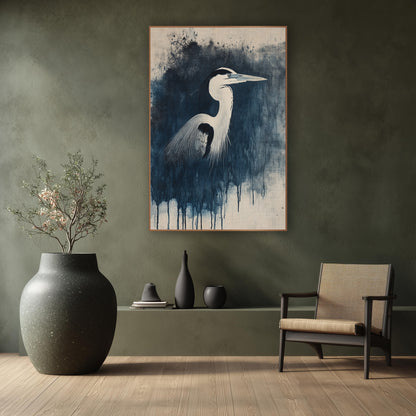Heron Dripping Ink Splatter Japandi wall art in a calm Japandi-style room – heron in profile with long beak and dark