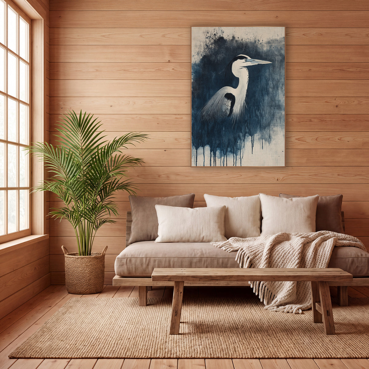 Heron Dripping Ink Splatter Japandi wall art in a calm Japandi-style room – heron in profile with long beak and dark
