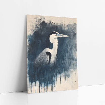 Heron Dripping Ink Splatter Japandi art print leaning against a white wall – heron in profile with long beak and dark plume