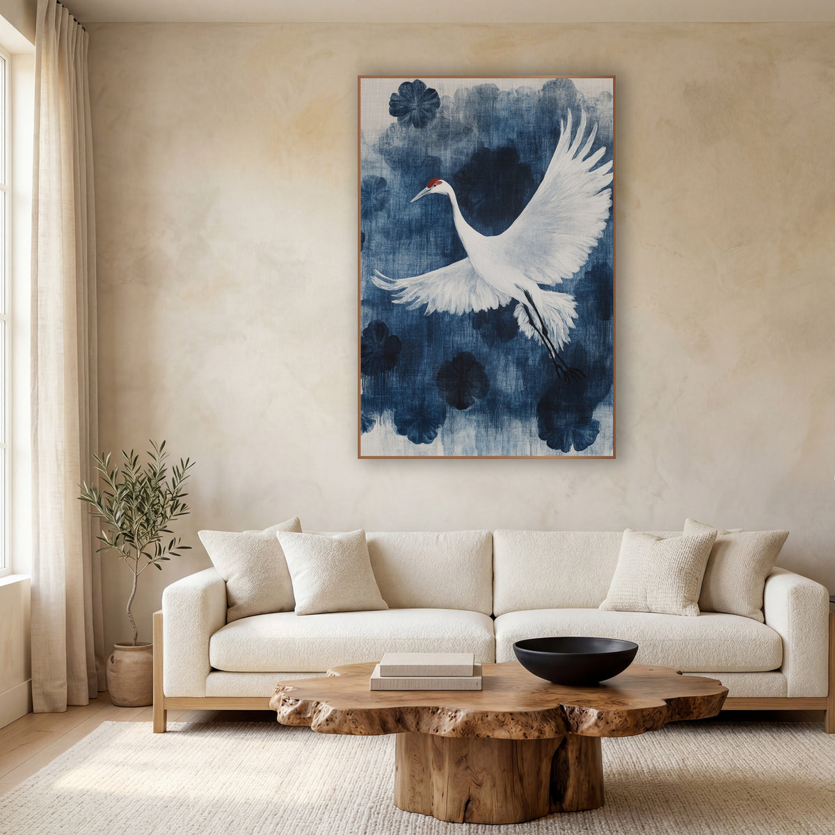 White Crane Indigo Japandi Botanical wall art in a calm Japandi-style room – white crane with red crown flying